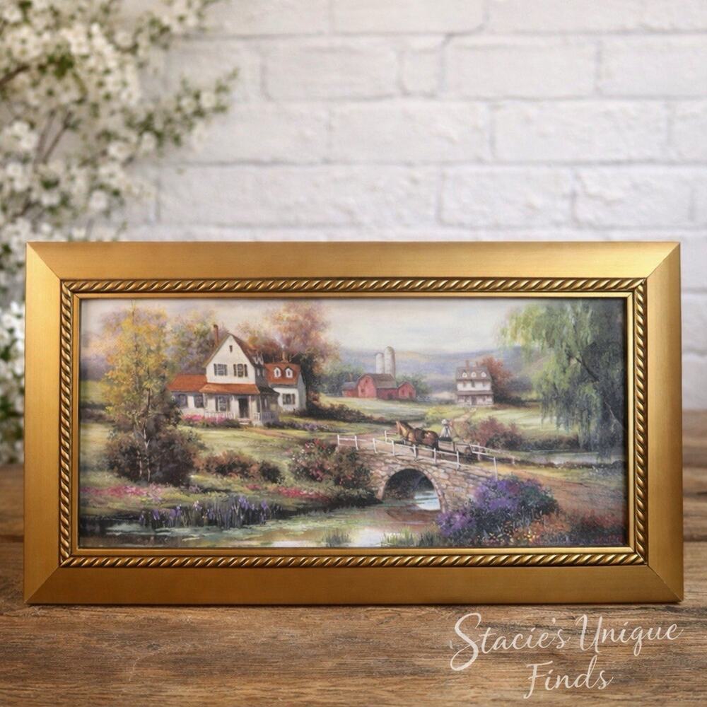 Vintage Framed Country Farm Landscape Print Gold Frame 1988 Seafarer